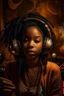 Placeholder: earthy black young woman listening to music with headphones, soul, peace, majestic, earthy colours, at peace, happy, incense, jewels, bands, natural, old school headphones, siren eyes