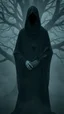 Placeholder: In a mesmerizing and ethereal manner, an otherworldly being emerges in the form of a translucent black hood statue flowing smoky black robes. He is holding a bouquet of black roses, in a foggy dark environment, Forward facing a big tree in the background