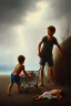 Placeholder: painting of boy next to man sleeping on beach, old clothes, dark storm clouds overhead, gloomy, bleak, shopping trolley, ship at sea, little fires