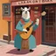 Placeholder: [art by Wes Anderson] a lama in playing guitar while singing on the doorstep of the bar