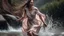 Placeholder: Hyper Realistic Photographic Close Shot Of A Beautiful Pashto Woman With Long Brown Wet Hair Wearing A White And Pink Tie-And-Dye Dress, Happily Jumping On A River Water And Enjoying Rain With A Beautiful Waterfall And Cloudy Weather At Heavy Rainfall Showing Dramatic And Cinematic Ambiance.