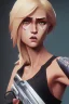 Placeholder: blonde woman with gun, photo realistic, highly detailed, high contrast, extremely sharp detail