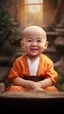 Placeholder: A 3-year-old monk boy with round cheeks, sitting, looking at the camera, light gray monk costume with white neckline, cute and cute, masterpiece, high quality, highly detailed.