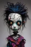 Placeholder: full color, illustration of a dark, menacing, monster girl, as a decayed, broken, crude homemade cloth doll toy, with a narrow cracked porcelain face, thick dark eyebrows, hair made from ragged strips of cloth, in the style of Brom, Alex Pardee, Tim Burton, and Masahiro Ito, bold vibrant color