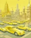 Placeholder: A pale yellow metropolis with speedy racecars painted by Qiu Ying