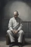 Placeholder: A priest they but a fabric on his eye so he can not see and his arms are Handcuffed. looks miserable with bruises on his face like he has been beating sitting on a broken chair in a prison with dem light and dark prison environments , Busch painting style , sureal