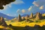 Placeholder: Mediterranean landscape, hills with yellow crops in the background, deep blue sky, big ancient stone houses in the distance, Fantasy Painting