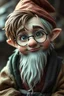 Placeholder: Masterpiece, hyper-realistic, extremely detailed, High-quality, high-resolution, young gnome with messy brown hair, round glasses that constantly slip down his nose, and ink-stained fingers. He wears mismatched robes that are always a little too big for him.