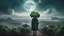 Placeholder: A moon that looks like a monster head broccoli above a landscape, a child in a ragged dress looks up in the distance, fog, and intricate background HDR, 8k, epic colors, fantasy surrealism, in the style of gothoc