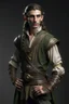Placeholder: beautiful elf male on his thirties ranger wearing medieval clothes with hands behind his back