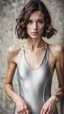 Placeholder: beautiful anorexic woman, total shot, short silver triathlon swimsuit, short brunette wavy bob hair, blurred concrete background