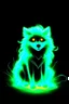 Placeholder: Super cool glowing, ghostly canine with mencaing glowing eyes In a dark room. It sits alone staring straightly and deeply at us, it has a painted-anime style.