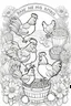 Placeholder: A black and white outline art of a kids coloring book, Cute roosters and hens in a market, outlined with baskets of produce around., outlined with a straightforward stream and fish., outlined against a simple backdrop of flowers, white background , sketch style , full body, only use outline, mandala style, clean artpage, , white background, no shadows and clear well outlined