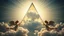 Placeholder: a nuclear explosion cloud(middle) framed from behind by a triangle of stained glass surrounded by radiant lines from the center, the wind and smoke from the explosion forming shapes of attractive dancing women with small angel wings(left and right foreground) like cherubs in the clouds, religiose art, angelic light