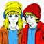 Placeholder: Sketch of a girl with lobg yellow hair and with a woollen hat and a boy with big blue eyes and a woollen hat. Listening to music. In the 70s