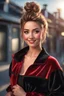 Placeholder: young woman with clear eyes, messy bun hair, bouncing looking back, soft velvet red/black two piece printed outfit, morning sun, cute, full body, ultra realistic, a variety of small details in the background, hyper realistic, surprised, sweet smile, 8k, HDR, 500px, by Koos Roos