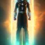 Placeholder: A commander wearing a matte black helmet with flaming eyes with flaming light blue pupils Two infinity gauntlets contain six infinity stones, one of which is made with nano In the hands of a powerful man walking