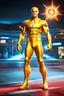 Placeholder: the Flash with gold boots, extremely exaggerated muscular stature, posing for the cameras, Professional Quality 35mm Photograph, 4k UHD, hyper-realistic, Photorealistic, extremely detailed, High resolution