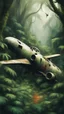 Placeholder: An old airplane crashed in rainforest covered with green bushes, Busch painting style nightmare