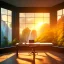 Placeholder: desk, parquet, sheet of paper, little pen, in front of one huge bay window with large view on a waterfall with warm light, sunset ,pixar style, panorama, nature, globe, HD