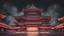 Placeholder: correct buddha tooth relic temple in singapore, in an atmospheric charcoal pastel realistic texture style, bauhaus colors, at night, with more defined simpler lines, true to the correct singaporean building