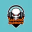 Placeholder: logo for rock band orange text "SARDONIC HARMONY" in a futuristic robotic font, sinister evil marshmallow head with headphones and red flames, horror, dark negative space, by Petros Afshar and H.R. Giger