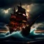 Placeholder: view of turbulent swells of a violent ocean storm, inside a glass bottle on the beach ม dramatic thunderous sky at dusk at center a closeup of large tall pirate ship with sails, breaking light, photo, 3d render