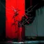 Placeholder: Minimal abstract oil painting of a neon plant in concrete warehouse brutalist architecture and hanging wires illuminated at night. With triadic red colours. In the style of Justin Mortimer and Phil Hale, Ashley Wood