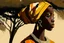 Placeholder: Design, African woman, oil painting, featureless, graphic, drawing without facial features, background, sky, trees, traditional clothes, look to left