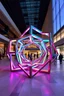 Placeholder: reate an art installation featuring interconnected 3D cubes forming an infinity loop in a large open mall courtyard. The cubes are metallic with gradient lighting that shifts colors as viewers walk around, enhancing the depth and dimensionality."