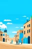 Placeholder: Create a clear and atmospheric very simple vector about a cityscape located in persia in ancient times desert environment Emphasize the dusty and sandy streets that have no sidewalks, featuring mostly dirt roads. Illustrate a simple brick building with a minimalist, box-like facade, and depict the building with very smiling people in the background. Capture the unique atmosphere of the city with blue sky