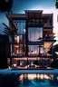 Placeholder: 10k hyper realistic detailed luxury modern beachside mansion with glass paneling, hanging lights, Maldives, surf design, spa bath and outdoor fire-pit