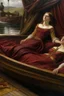 Placeholder: Oil painting A woman lies in a boat and next to her the king reclines and looks at her wearing a dark red dress exposed from above in the ancient era