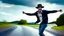 Placeholder: happy man riverdancing on a hat that is laying on the road