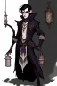 Placeholder: Young tiefling nobleman alchemist with black hair horns and large reptilian tail gothic jewelry and potion bottles in the style of Charles Addams