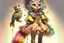 Placeholder: candyshop, Jean-Baptiste Monge style. Full body of a humanoid biomorph kitten-owl faced woman. Vibrant, colorful. A furry striped dress, covered with owl feathers, in sunshine