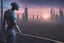 Placeholder: Humanoid robot looking out over an alien town skyline at dusk