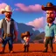 Placeholder: Walter White and his family with a cowboy fight, 8k, realistic body, with a fedora, sunset background,