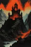 Placeholder: 70s dark fantasy art of a medieval castle with a moat of lava on a mountain