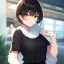 Placeholder: Clear focus, High resolution, fluffy black short hair, dark green eyes, wearing a black t-shirt and pleated black skirt, fluffy hair, detailed outfit