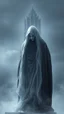 Placeholder: In a mesmerizing and ethereal manner, an otherworldly being emerges in the form of a translucent grey hood statue flowing smoky black robes. Forward facing s tower in the background