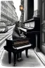 Placeholder: One single mature cat playing piano on the street, Vienna, friendly, model style, hyper realistic, extremely accurate, delicate, extremely detailed, Graphic novel style, wide-angle, open aperture, superfine pencil