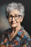 Placeholder: Oil paint on canvas, chiaroscuro, deep shadows, masterpiece, happy, 2020 caught off guard, 79-year-old Phyllis Kendall, short pixie-cut, shag-cut straight, dark salt and pepper hair, overweight, blue eyes, great big, round lensed eyeglasses, wearing a black, floral print, short-sleeved, pull-over shirt, dark blue sweatpants, sitting at the computer checking her emails