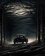 Placeholder: Dark Forest Drive: A couple in a car driving through a dense, dark forest with tall, shadowy trees. The headlights illuminate the eerie, twisted branches ahead, creating an ominous atmosphere.