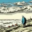 Placeholder: a alone man. pen and ink, birds eye view, illustrated by hergé, Background space and earth