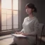 Placeholder: female student studying by the window, anime style, unreal engine 5, cinema4d, sun light, studio lighting --ar 1:1 --v 4