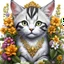 Placeholder: A Bengala Cat baby with flowers and white background looking at camera, pencil drawing fully colored, satin digital painting, realistic painting, art by Clyde Caldwell, Greg Rutkowski and Pascal Blanche, vintage style, elegance and vitality, expressive, detailed and bright eyes, very detailed, with sharp focus and smooth transitions, golden ratio, masterpiece, trending on CGSociety and Artstation, highly detailed, sharp focus, studio photography, intricate details, full body length, center