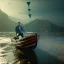 Placeholder: boat piloted by a man standing in a suit, deviantart, Photorealistic, vivid colors, polychromatic, geometric, digital illustration, HDR, Unreal Engine, 64 megapixels, IMAX, Terragen 4.0, 8k resolution