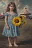 Placeholder: solemn girl in a worn blue dress stands barefoot in a dusty carnival setting, holding a sunflower. A carousel and faded tents loom in the background, with shadowy horses nearby.