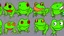 Placeholder: game sprite sheet of 30 images of stylized frog, view from six different angles covering 360°, collection sheet, arcade game, digital art